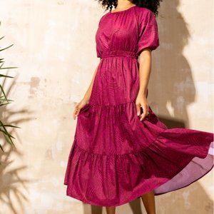 MOTT50 Stella Puff Sleeve Tiered Midi Dress Ocean Imprint SPF50 Coverup Swim M